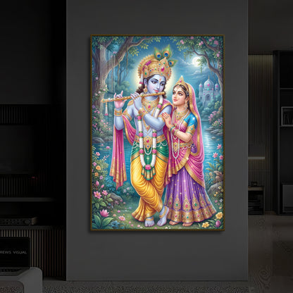 Hindu Deities Radha and Krishna Modern Luxury Backlight Vertical Wall Art