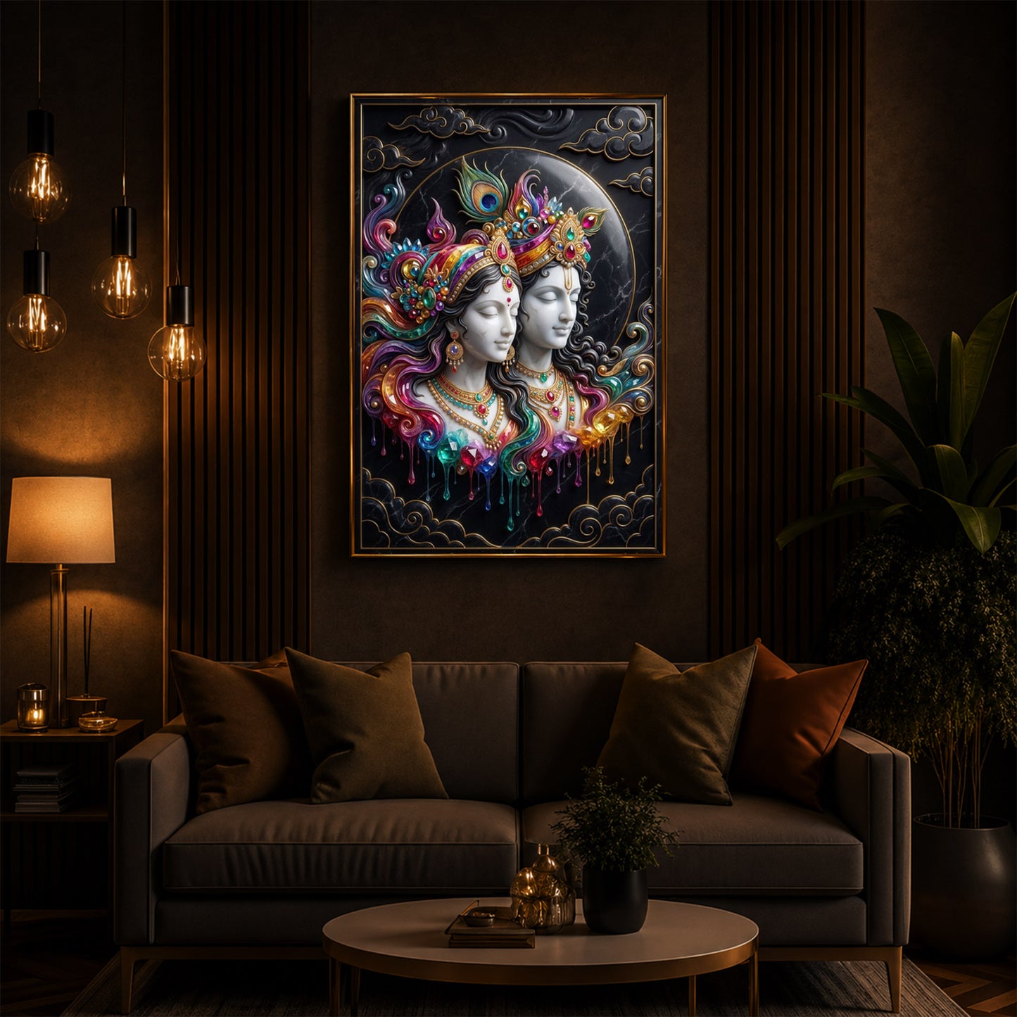 Shri Radha Krishna Modern Luxury Backlight Vertical Wall Art