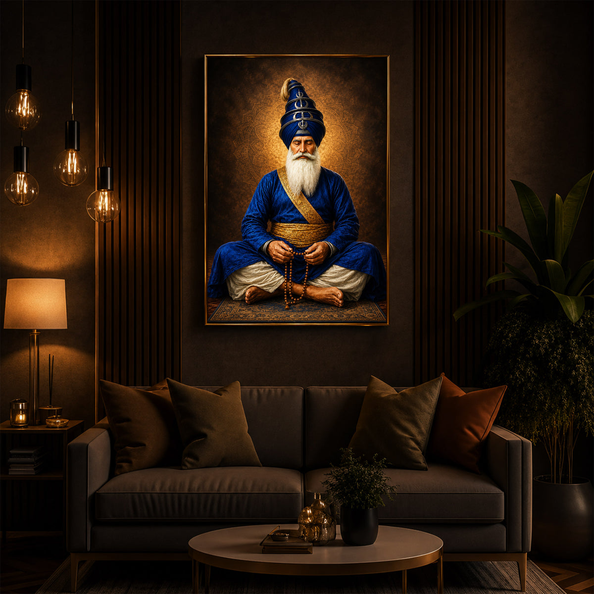 Divine Meditating Sikh Warrior Saint Modern Luxury Backlight Vertical Wall Art