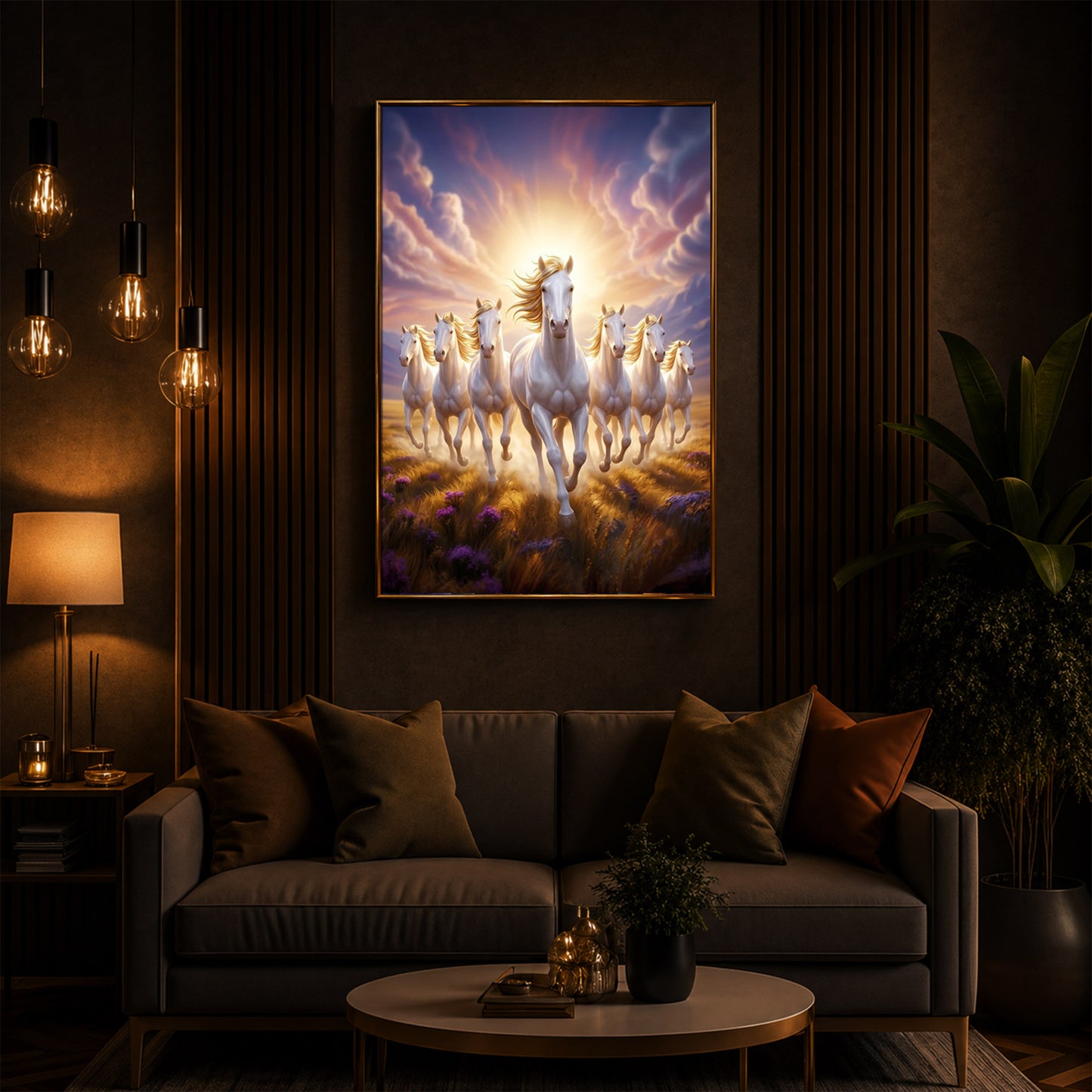 Seven Horses Running Together Modern Luxury Backlight Vertical Wall Art