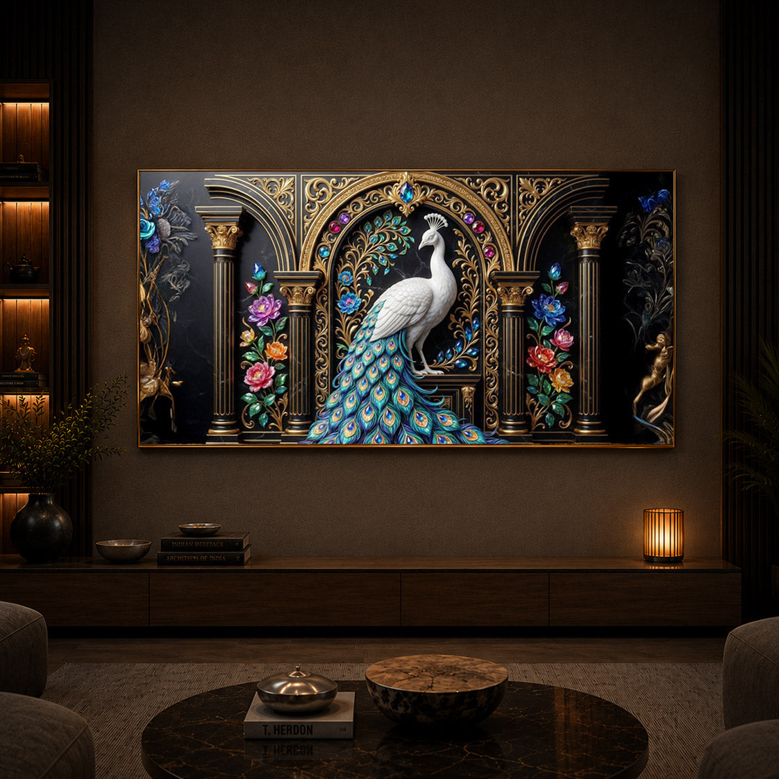 White Peacock Against A Dark Modern Luxury Backlight Horizontal Wall Art