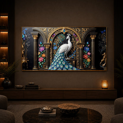 White Peacock Against A Dark Modern Luxury Backlight Horizontal Wall Art