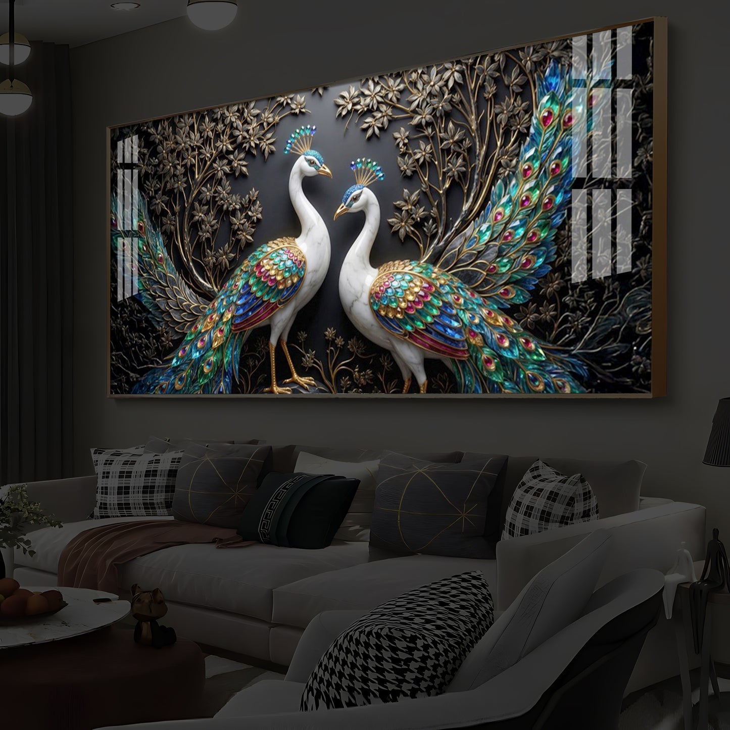 Serene Peacock Modern Luxury Backlight Horizontal Wall Art