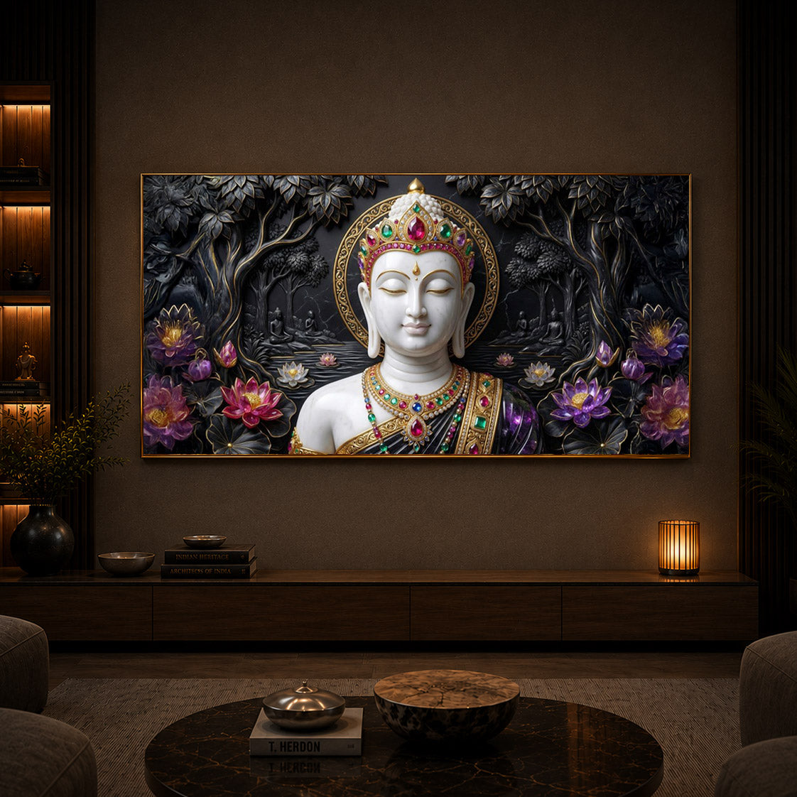 Lotus Serenity Lord Buddha Modern Luxury Backlight Horizontal Wall Art