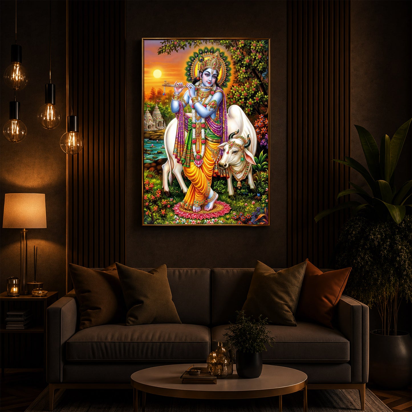 Lord Krishna Playing The Flute Modern Luxury Backlight Vertical Wall Art