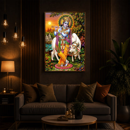 Lord Krishna Playing The Flute Modern Luxury Backlight Vertical Wall Art