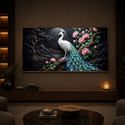 White Peacock With Flowers Modern Luxury Backlight Horizontal Wall Art