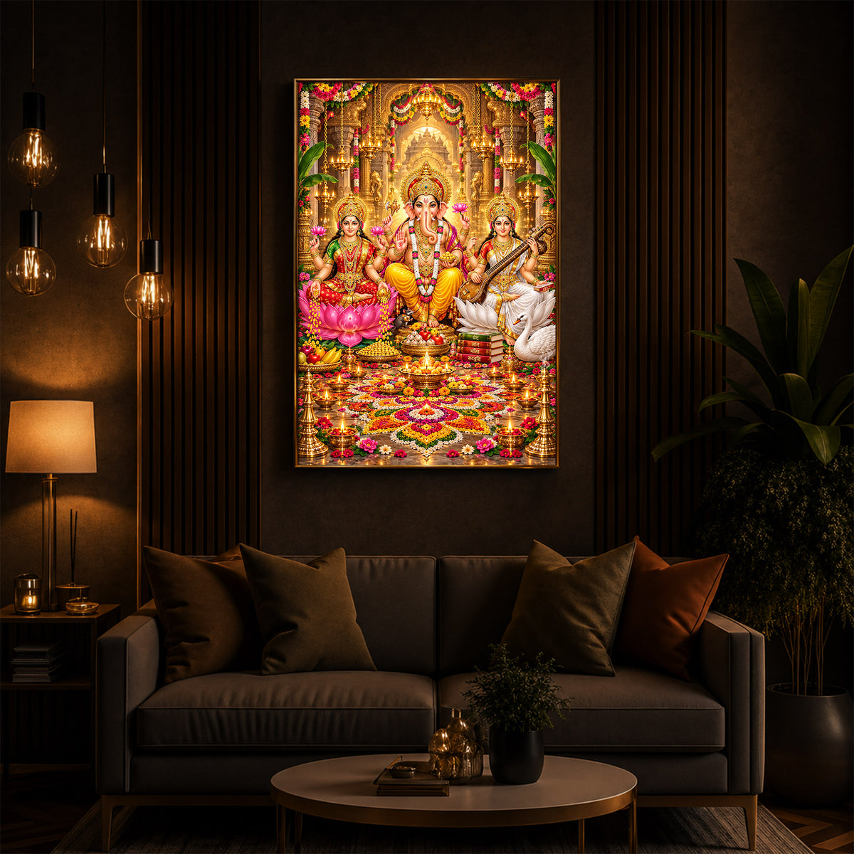 Maa Lakshmi, Lord Ganesha and Goddess Saraswati Modern Luxury Backlight Vertical Wall Art