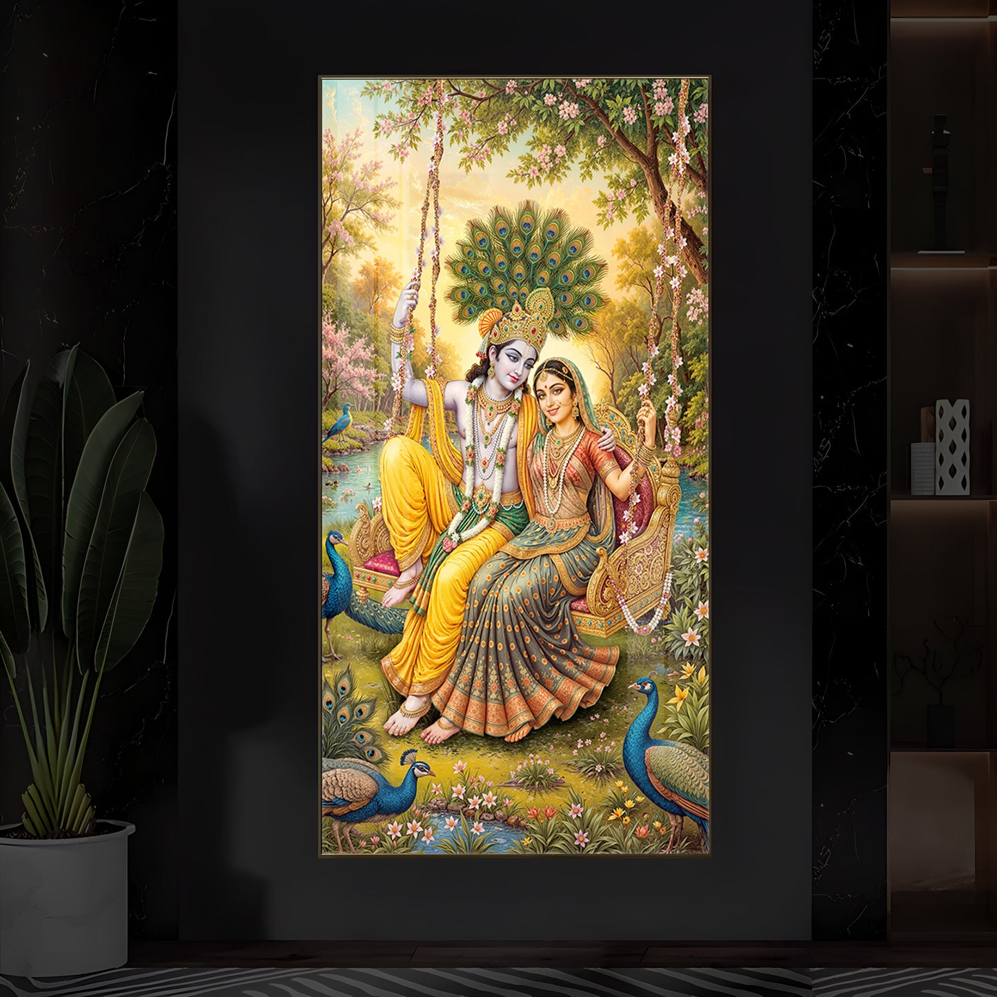Jai Shri Radha Krishna Modern Luxury Backlight Vertical Wall Art
