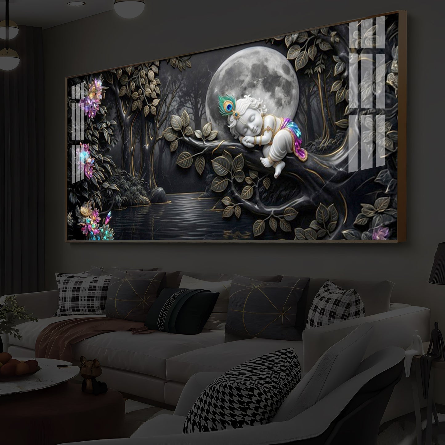 Divine Lord Little Krishna Modern Luxury Backlight Horizontal Wall Art