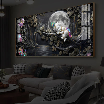 Divine Lord Little Krishna Modern Luxury Backlight Horizontal Wall Art