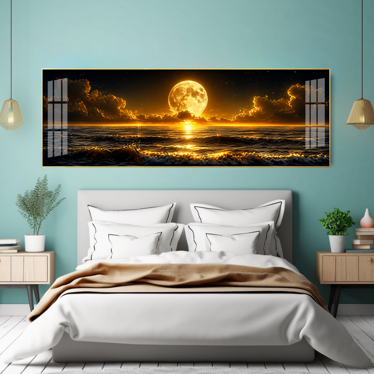 Golden Full Moon Ocean Clouds Premium Acrylic Horizontal Wall Art