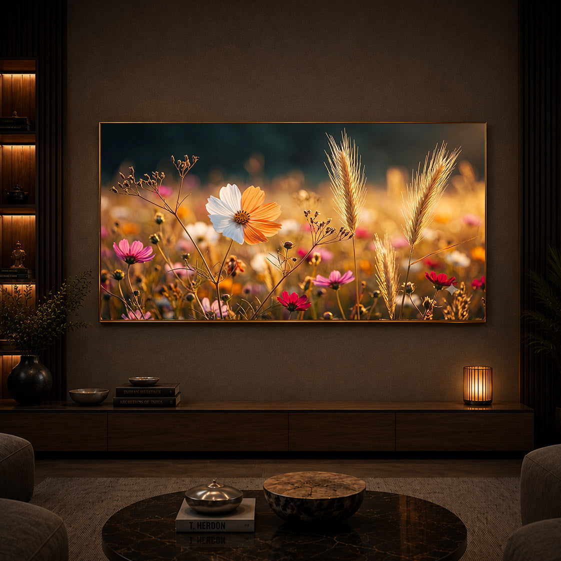 Golden Wildflower Meadow Modern Luxury Backlight Horizontal Wall Art