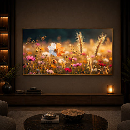 Golden Wildflower Meadow Modern Luxury Backlight Horizontal Wall Art