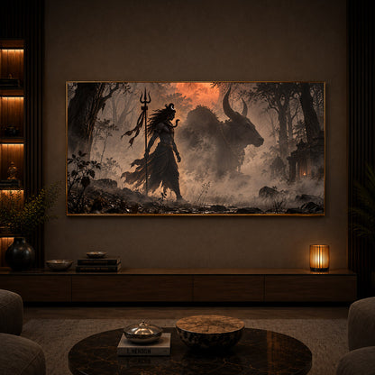 Shiva & Nandi In Forest Modern Luxury Backlight Horizontal Wall Art