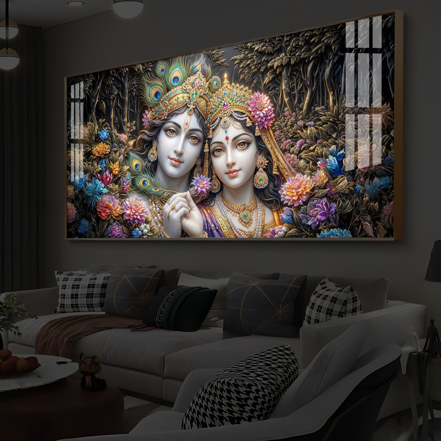 Spiritual Serenity Radha Krishna Modern Luxury Backlight Horizontal Wall Art