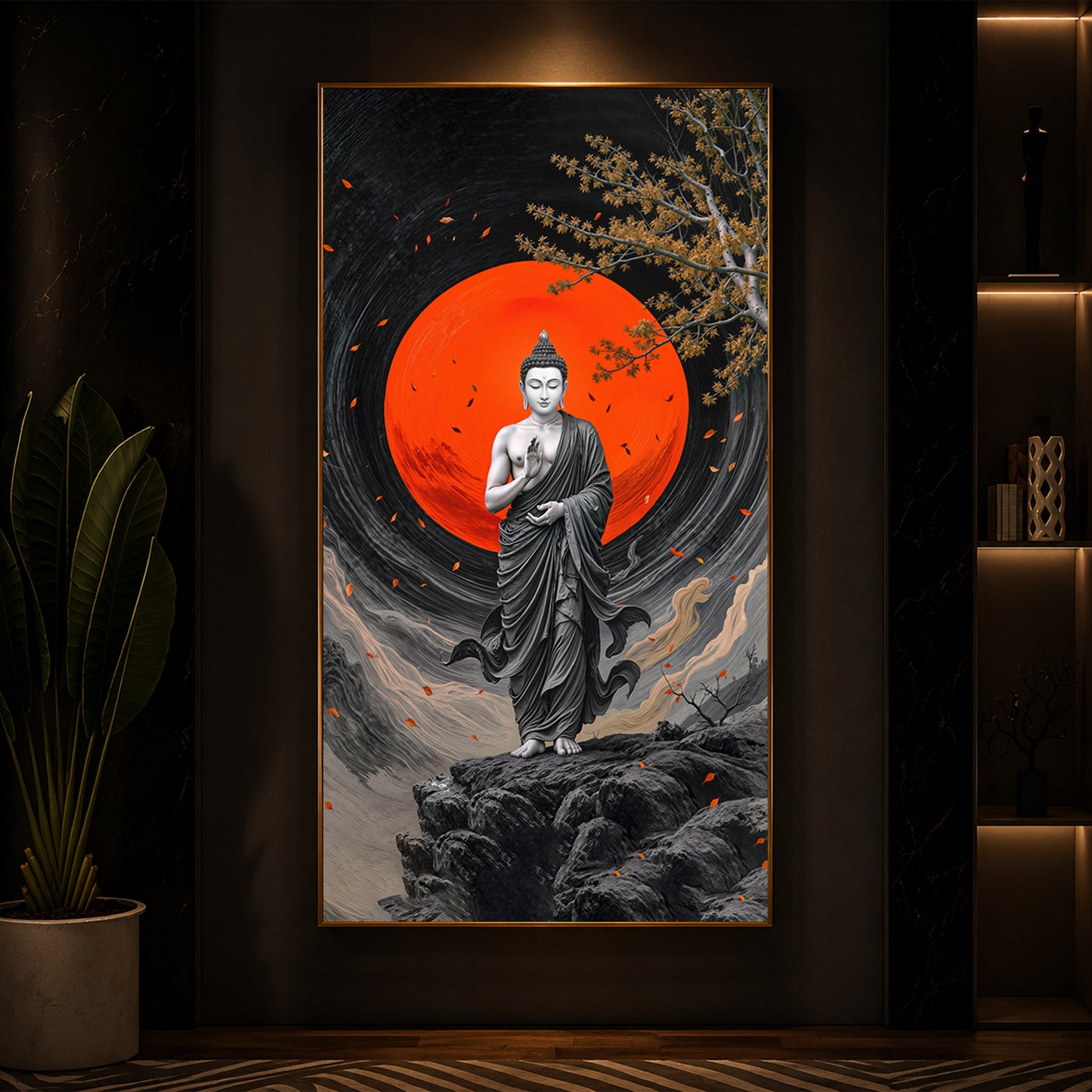 Namo Buddhay Modern Luxury Backlight Vertical Wall Art