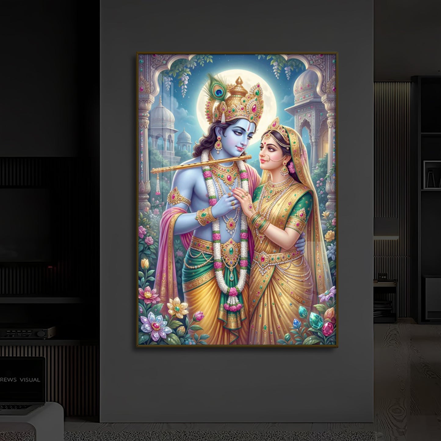 Goddess Shri Radha and God Krishna Modern Luxury Backlight Vertical Wall Art