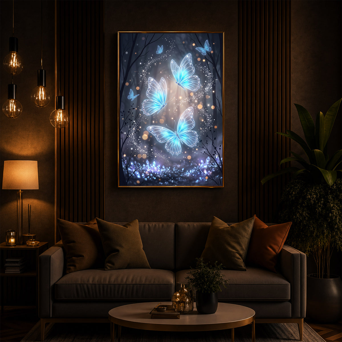 Luminous Crystal Blue Butterflies Modern Luxury Backlight Vertical Wall Art