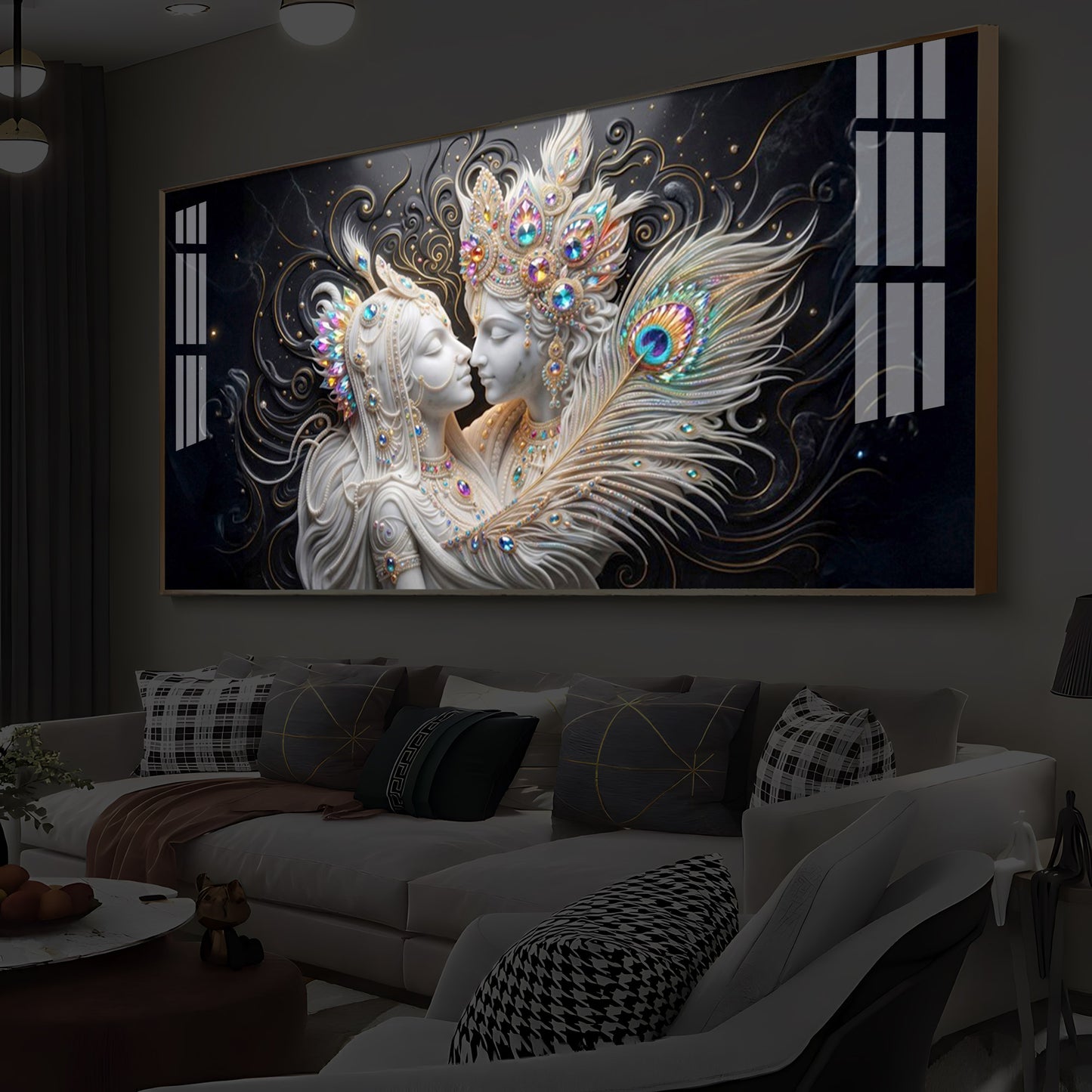 Depicts Radha Krishna Modern Luxury Backlight Horizontal Wall Art