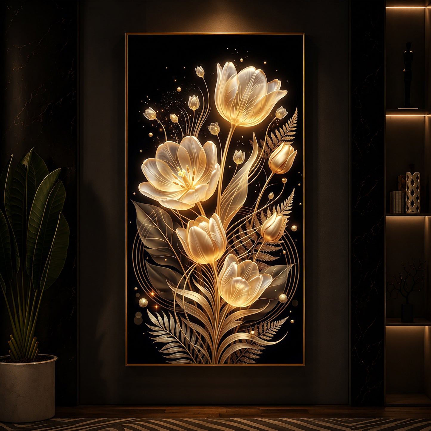 Golden Luminous Tulip Modern Luxury Backlight Vertical Wall Art