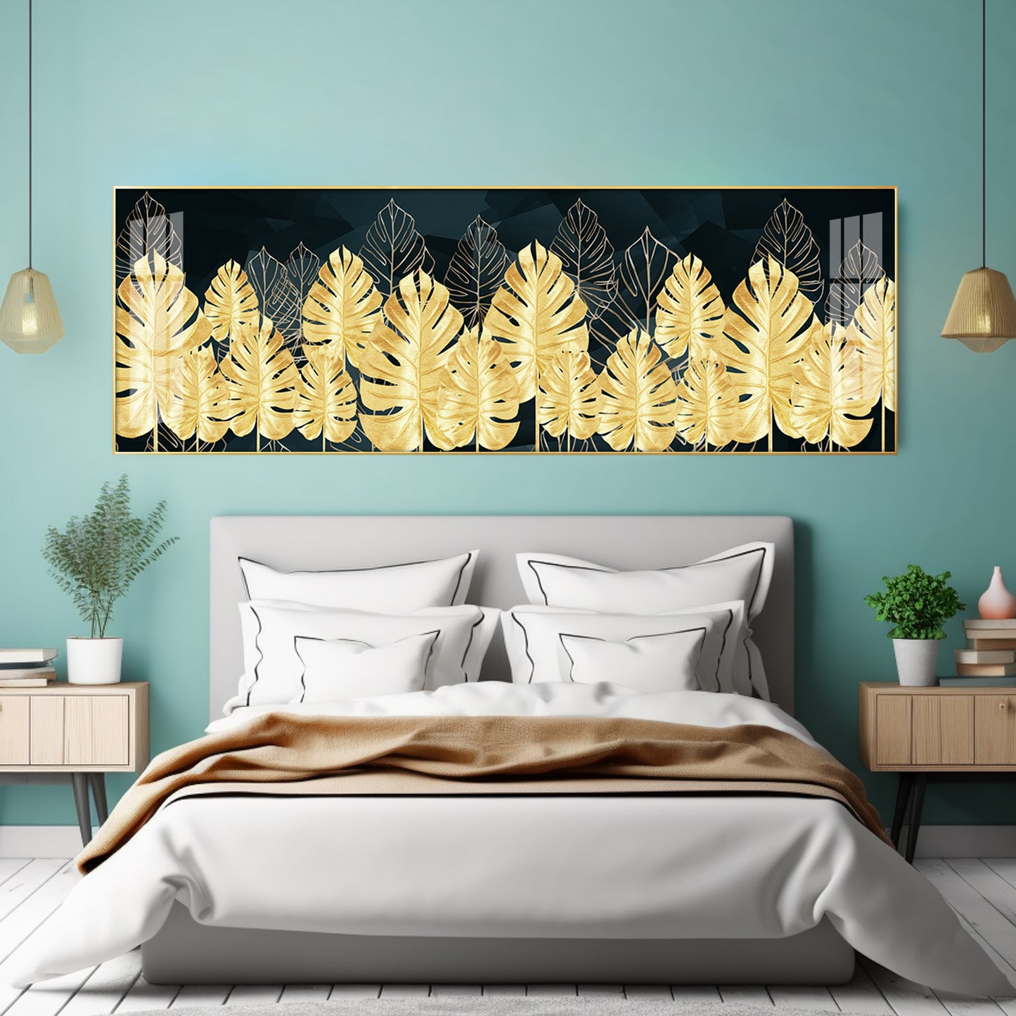 Golden Monstera Leaf Premium Acrylic Horizontal Wall Art