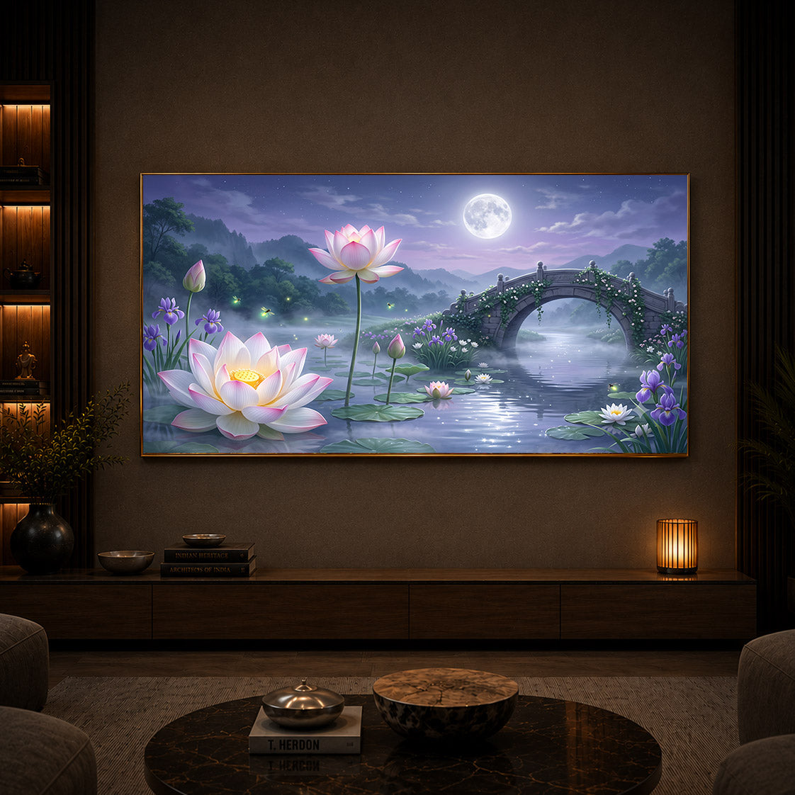 Moonlit Lotus Bridge Modern Luxury Backlight Horizontal Wall Art