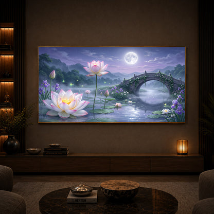 Moonlit Lotus Bridge Modern Luxury Backlight Horizontal Wall Art
