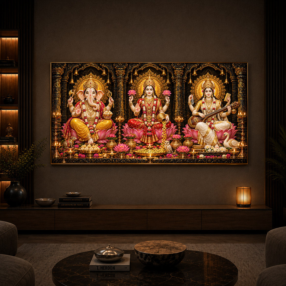 Goddess Lakshmi, Lord Ganesha and Goddess Saraswati Modern Luxury Backlight Horizontal Wall Art