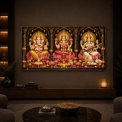 Goddess Lakshmi, Lord Ganesha and Goddess Saraswati Modern Luxury Backlight Horizontal Wall Art