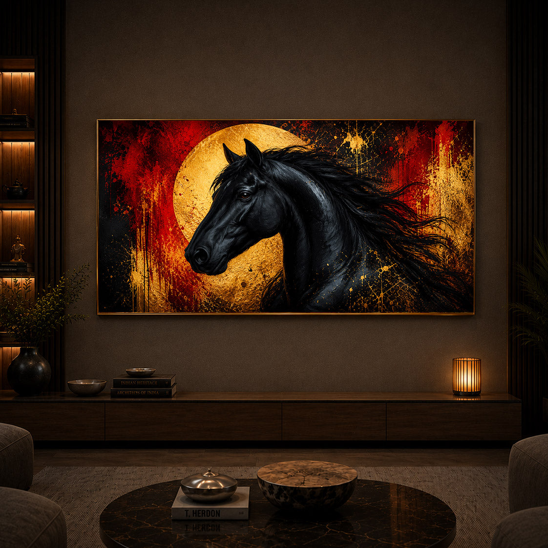 Black Horse With Abstract Background Modern Luxury Backlight Horizontal Wall Art