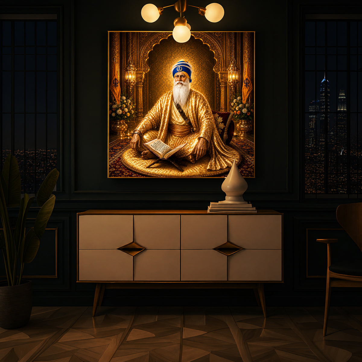 Guru Nanak Dev Ji In Golden Attire Modern Luxury Backlight Square Wall Art