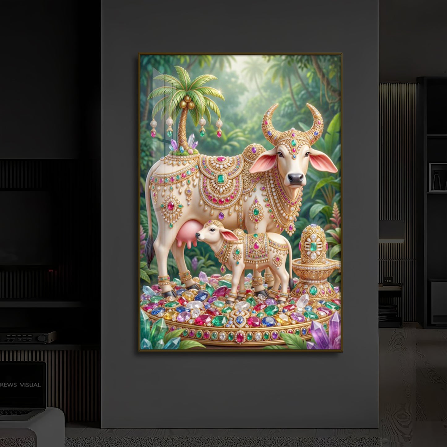 Kamadhenu Cow With Shiv Ji Modern Luxury Backlight Vertical Wall Art