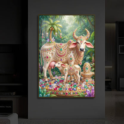 Kamadhenu Cow With Shiv Ji Modern Luxury Backlight Vertical Wall Art