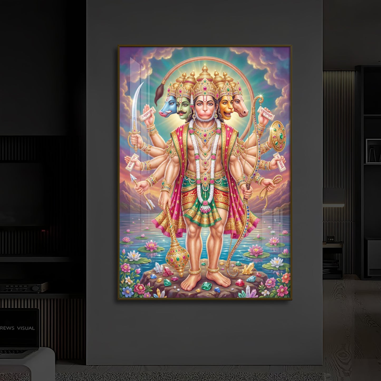 Spiritual Panchamukhi Hanuman Modern Luxury Backlight Vertical Wall Art