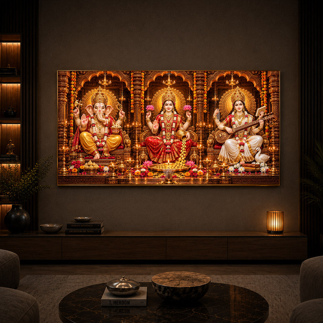 Maa Lakshmi, Lord Ganesha & Goddess Saraswati Modern Luxury Backlight Horizontal Wall Art