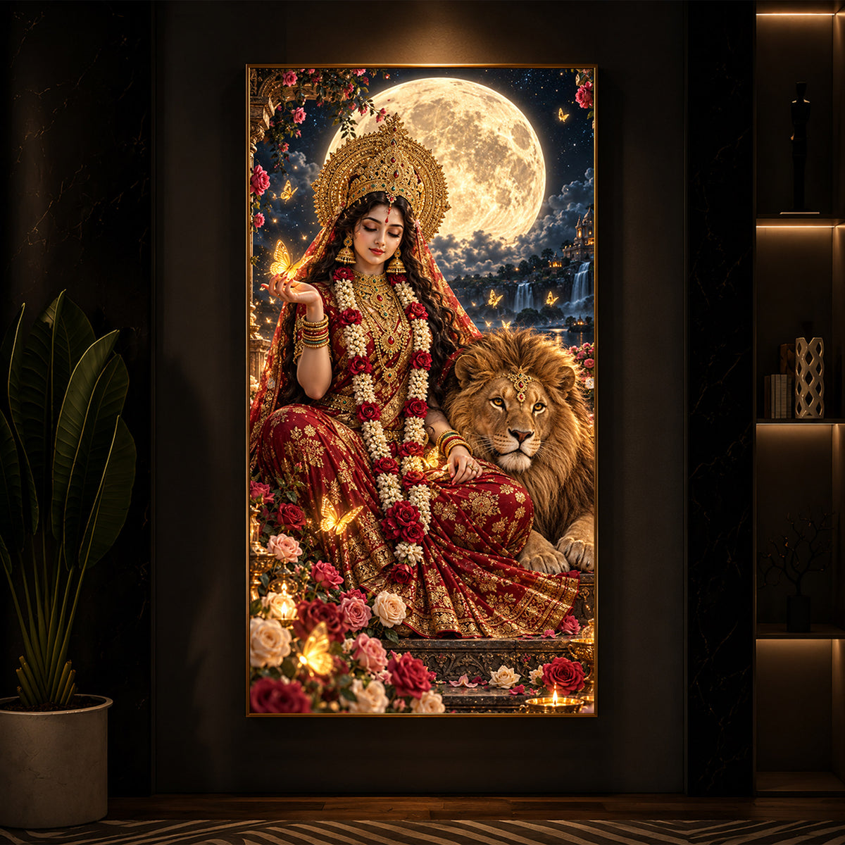 Maa Durga Moonlit Modern Luxury Backlight Vertical Wall Art