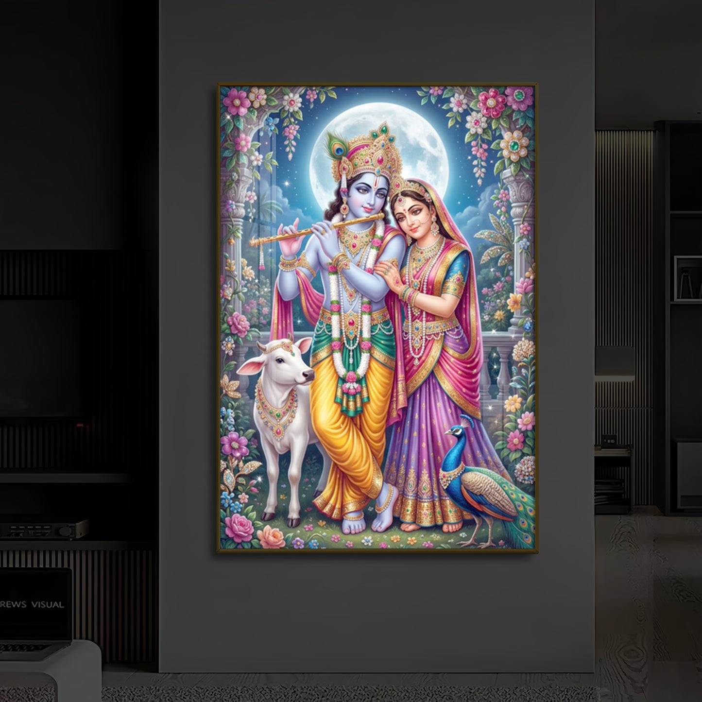 Moonlit Radha Krishna Leela Modern Luxury Backlight Vertical Wall Art