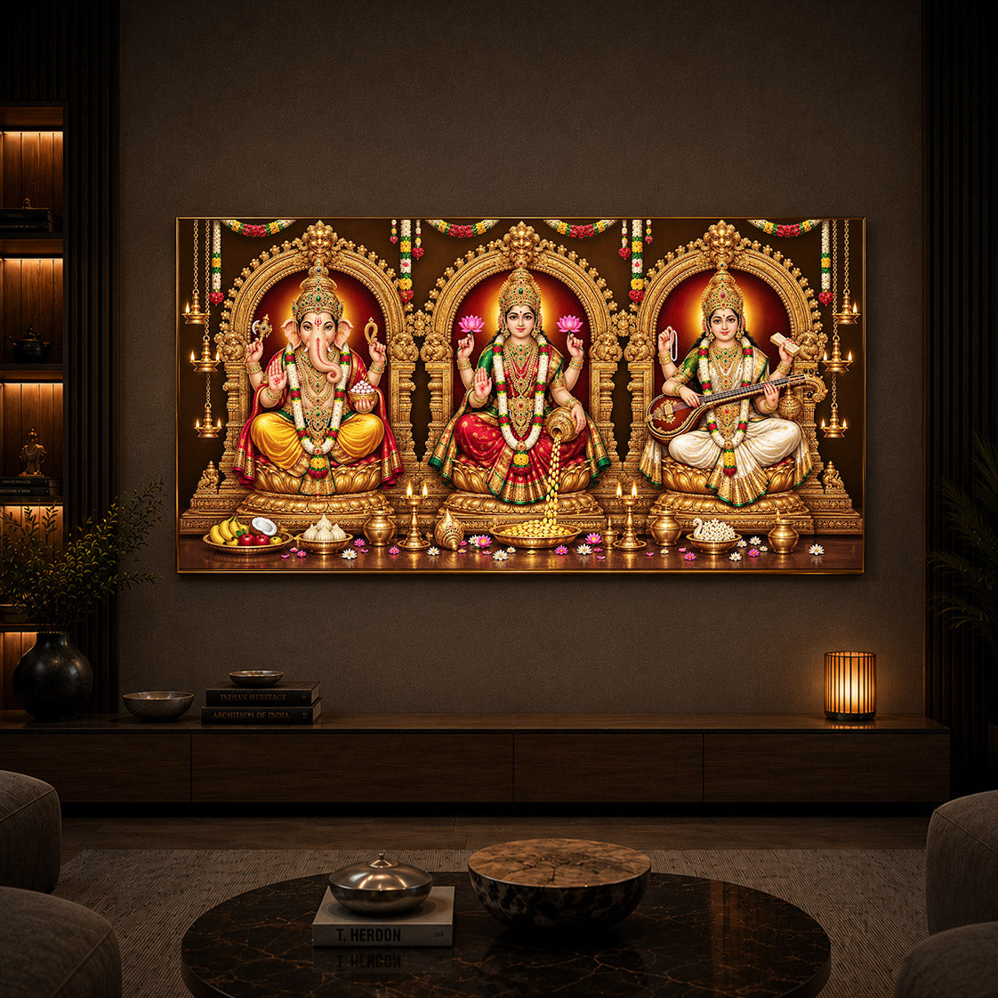 Lord Ganesha, Goddess Lakshmi, and Goddess Saraswati Modern Luxury Backlight Horizontal Wall Art