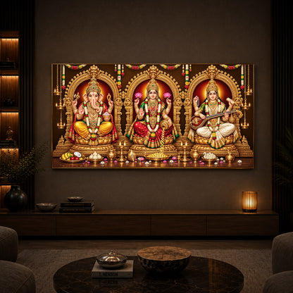 Lord Ganesha, Goddess Lakshmi, and Goddess Saraswati Modern Luxury Backlight Horizontal Wall Art