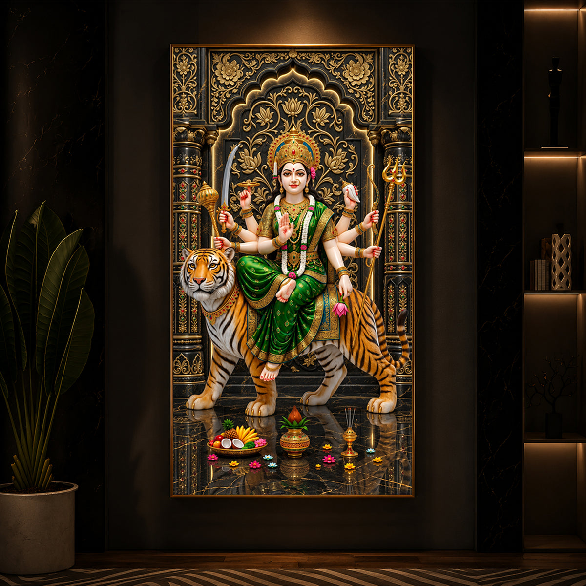 Maa Durga In Green Saree Modern Luxury Backlight Vertical Wall Art