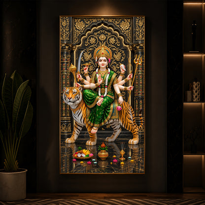 Maa Durga In Green Saree Modern Luxury Backlight Vertical Wall Art