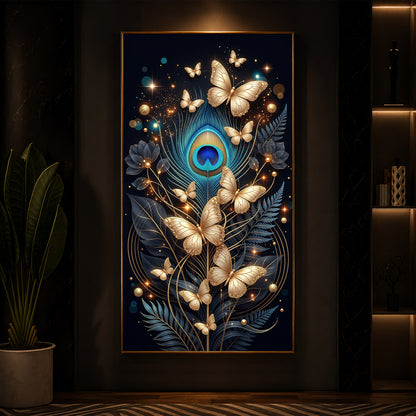 Golden Butterflies & Peacock Feather Modern Luxury Backlight Vertical Wall Art