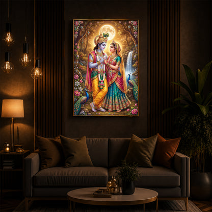 Radha Krishna in Vrindavan Garden Modern Luxury Backlight Vertical Wall Art