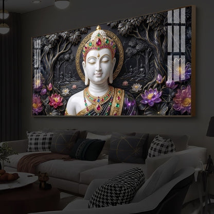 Lotus Serenity Lord Buddha Modern Luxury Backlight Horizontal Wall Art