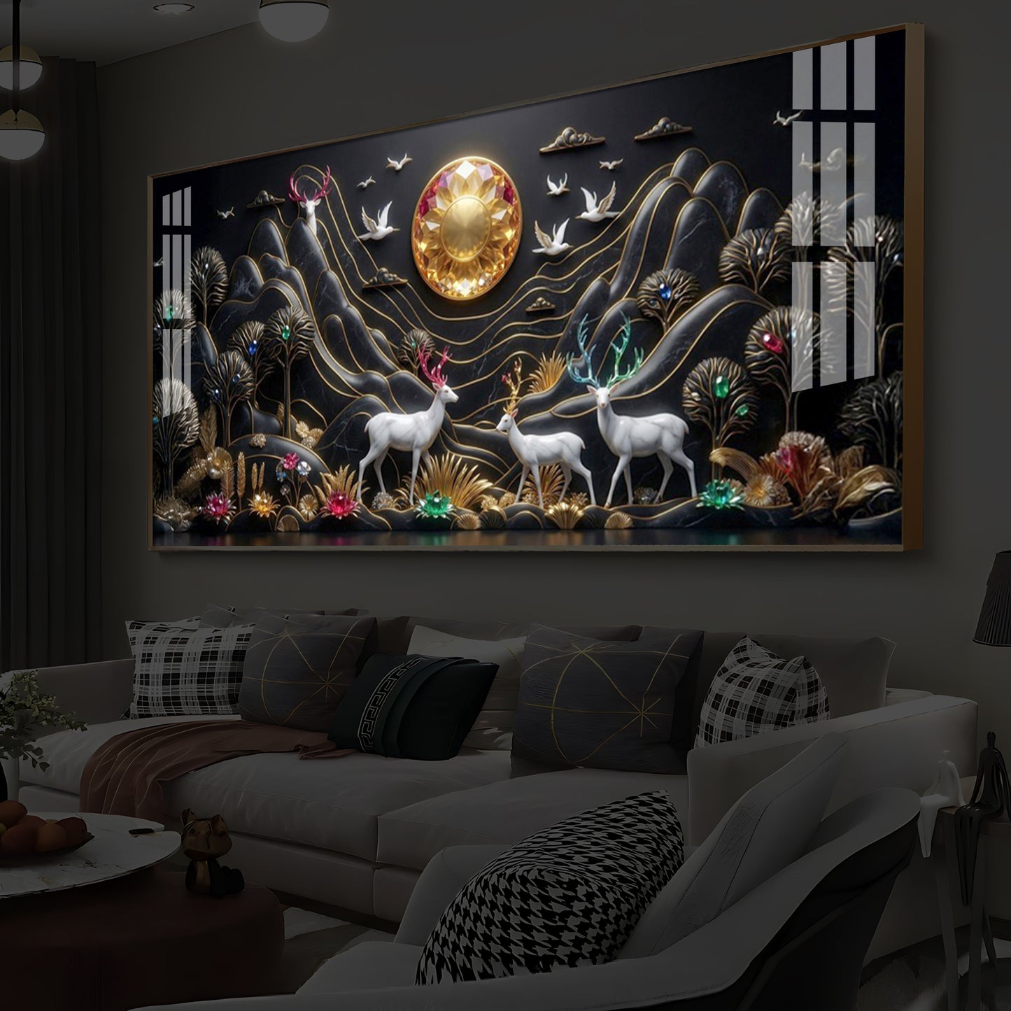 White Deer With Family Modern Luxury Backlight Horizontal Wall Art