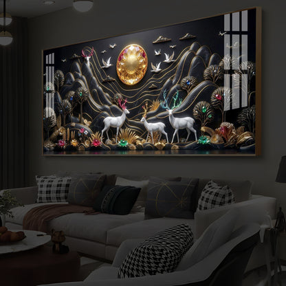 White Deer With Family Modern Luxury Backlight Horizontal Wall Art