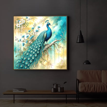 Peacock Perch Art Modern Luxury Backlight Square Wall Art