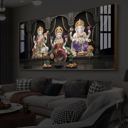 Saraswati,Lakshmi, & Lord Ganesha Modern Luxury Backlight Horizontal Wall Art