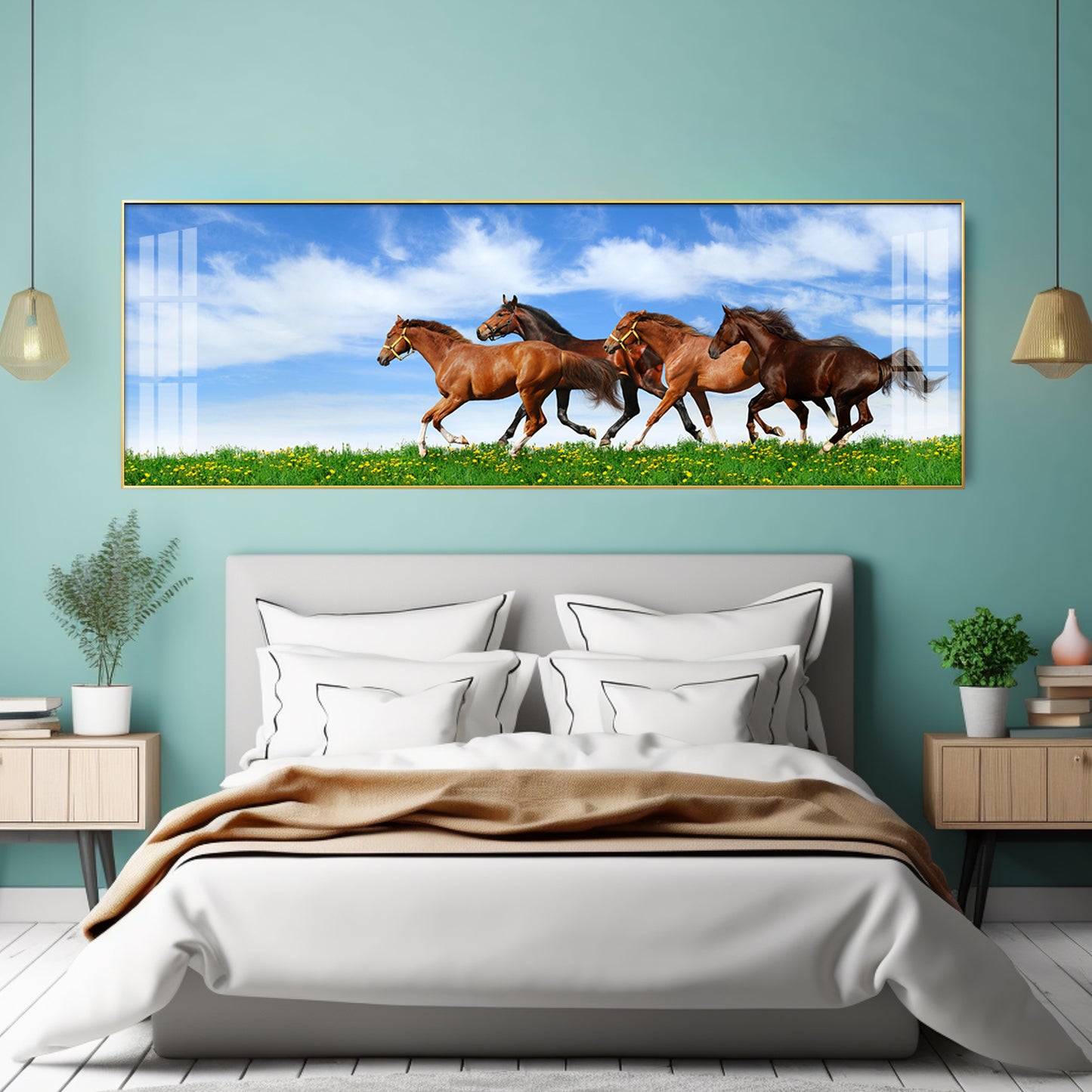 Horses In Green Grass Premium Acrylic Horizontal Wall Art